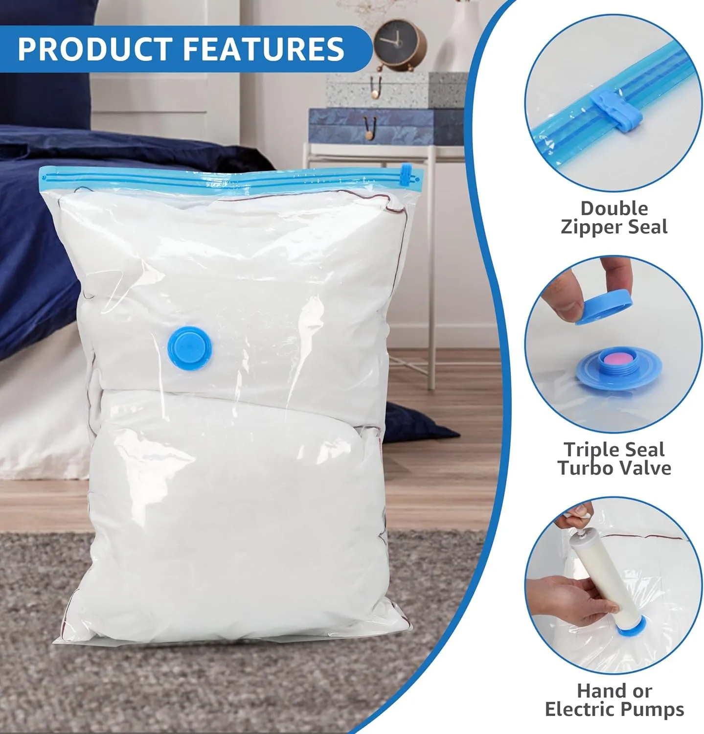 10 Jumbo Vacuum Seal Bags with Hand Pump, Vacuum Storage Bags, Space Saver Bags for Clothing, Comforters, Blankets, Bedding, Pillows
