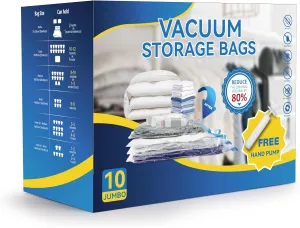 10 Jumbo Vacuum Seal Bags with Hand Pump, Vacuum Storage Bags, Space Saver Bags for Clothing, Comforters, Blankets, Bedding, Pillows