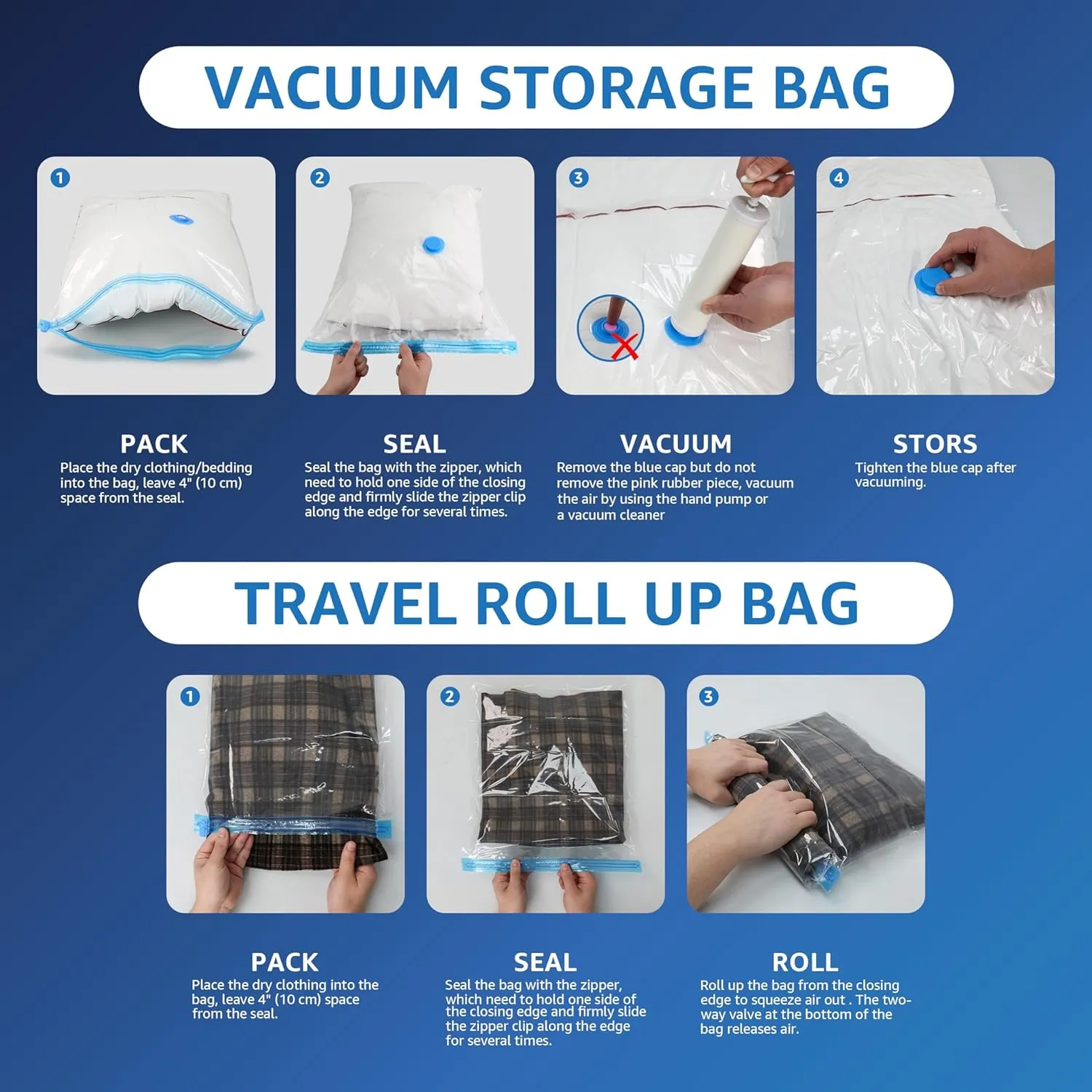 10 Jumbo Vacuum Seal Bags with Hand Pump, Vacuum Storage Bags, Space Saver Bags for Clothing, Comforters, Blankets, Bedding, Pillows