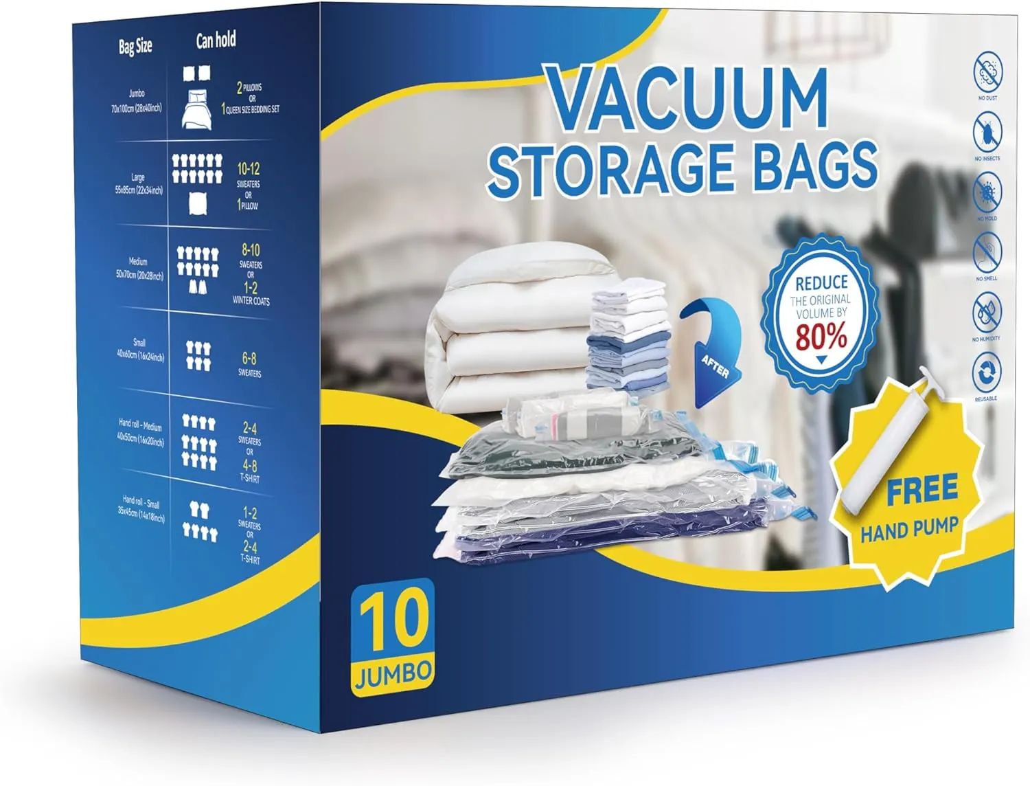 10 Jumbo Vacuum Seal Bags with Hand Pump, Vacuum Storage Bags, Space Saver Bags for Clothing, Comforters, Blankets, Bedding, Pillows
