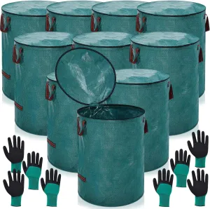 10 Pcs 72 Gallons Yard Waste Bags with Lid and 4 Pairs Gardening Coated Gloves Leaf Bags (h30" x D26") 4 Handles Large Waste Container for Lawn Yard Weed Leaf