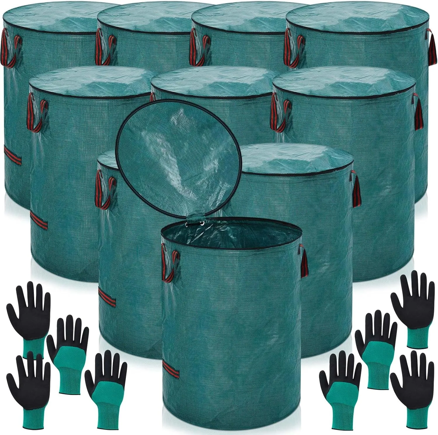 10 Pcs 72 Gallons Yard Waste Bags with Lid and 4 Pairs Gardening Coated Gloves Leaf Bags (h30" x D26") 4 Handles Large Waste Container for Lawn Yard Weed Leaf