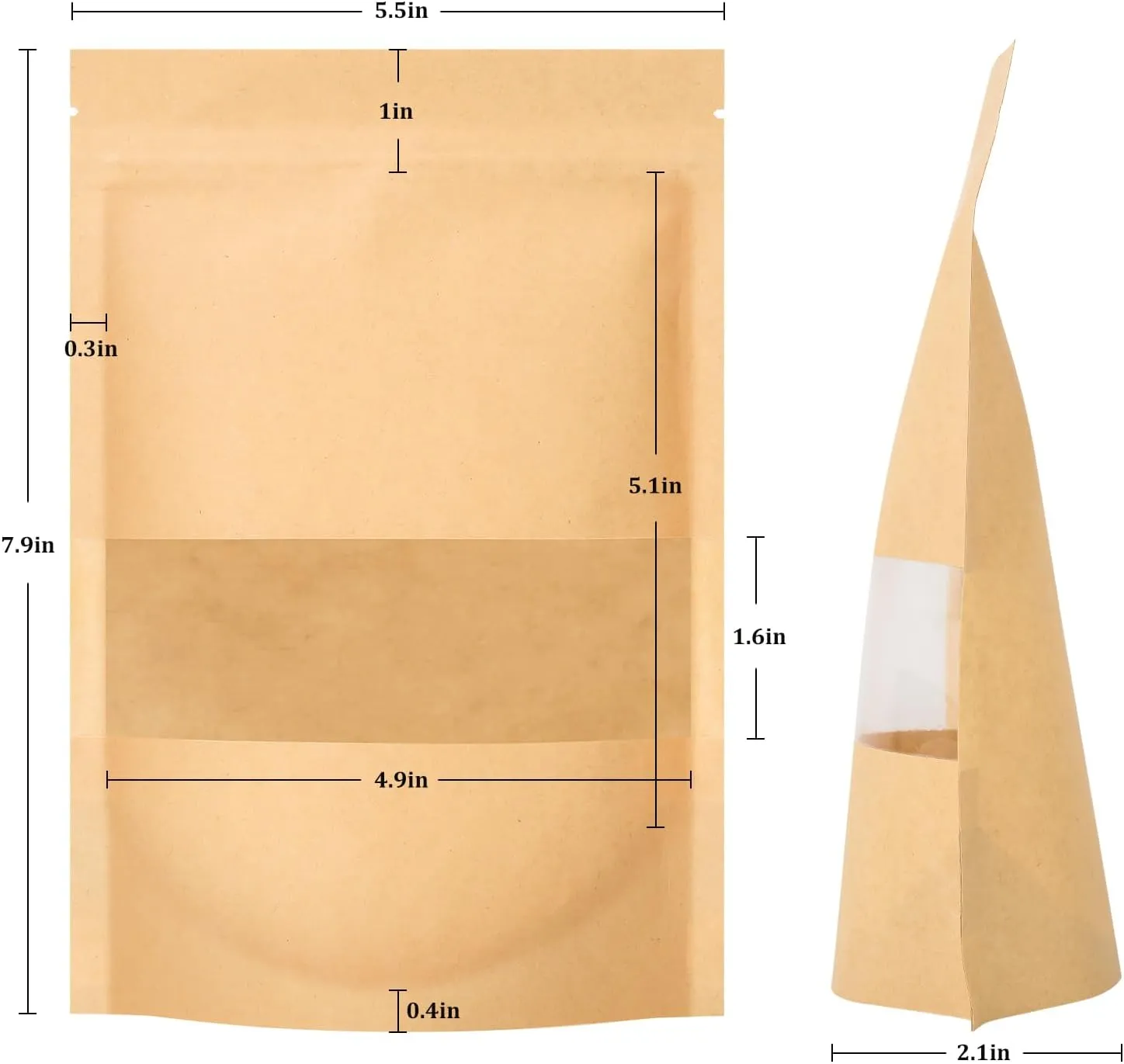 100 Pcs Resealable bags, 5.5" x 7.9" Stand Up Kraft Paper Bags with Matte Window, Zip Lock Food Storage Bags for Packaging Products, Reusable, Sealable