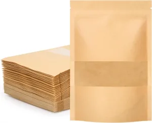 100 Pcs Resealable bags, 5.5" x 7.9" Stand Up Kraft Paper Bags with Matte Window, Zip Lock Food Storage Bags for Packaging Products, Reusable, Sealable