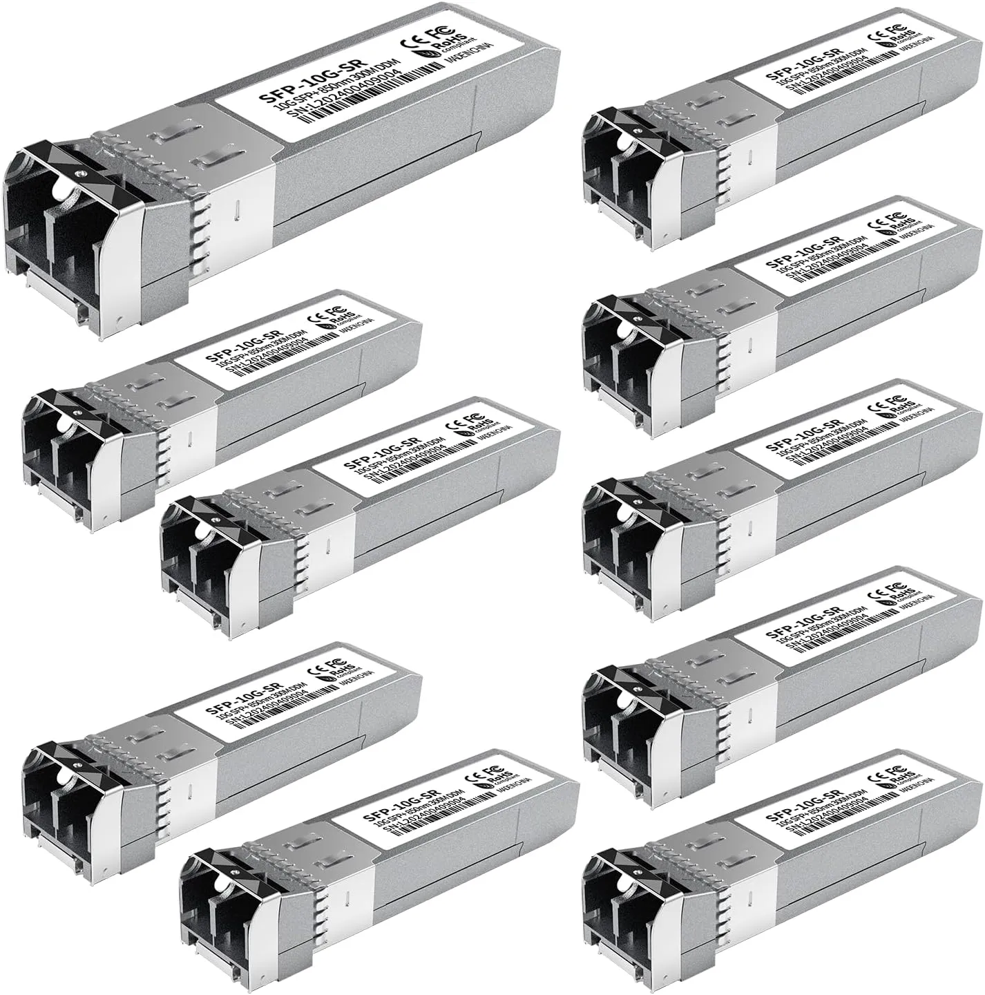 10Pack 10GBase-SR SFP  Module, Multi-Mode LC Ethernet Transceiver, 10G 850nm MMF up to 400m, Compatible with Cisco SFP-10G-SR, Meraki, Ubiquiti UF-MM-10G, Mikrotik, Netgear, TP-Link, Aruba and More