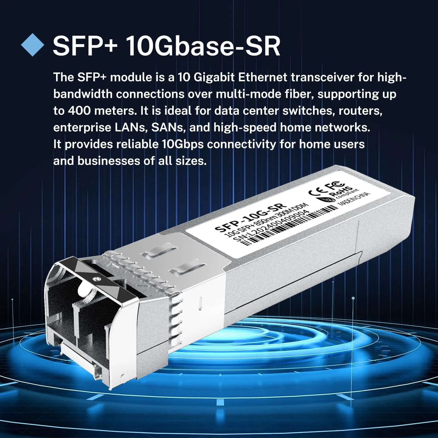 10Pack 10GBase-SR SFP  Module, Multi-Mode LC Ethernet Transceiver, 10G 850nm MMF up to 400m, Compatible with Cisco SFP-10G-SR, Meraki, Ubiquiti UF-MM-10G, Mikrotik, Netgear, TP-Link, Aruba and More