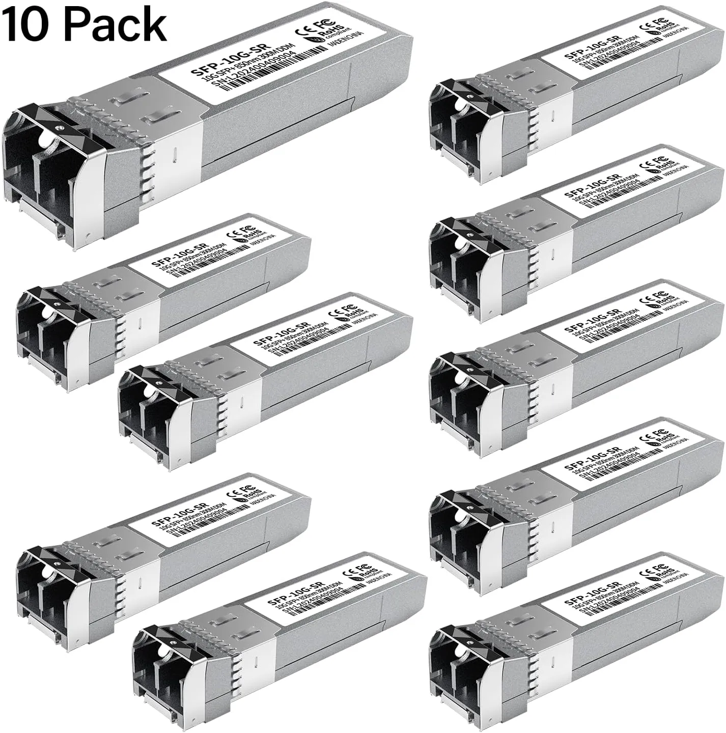 10Pack 10GBase-SR SFP  Module, Multi-Mode LC Ethernet Transceiver, 10G 850nm MMF up to 400m, Compatible with Cisco SFP-10G-SR, Meraki, Ubiquiti UF-MM-10G, Mikrotik, Netgear, TP-Link, Aruba and More