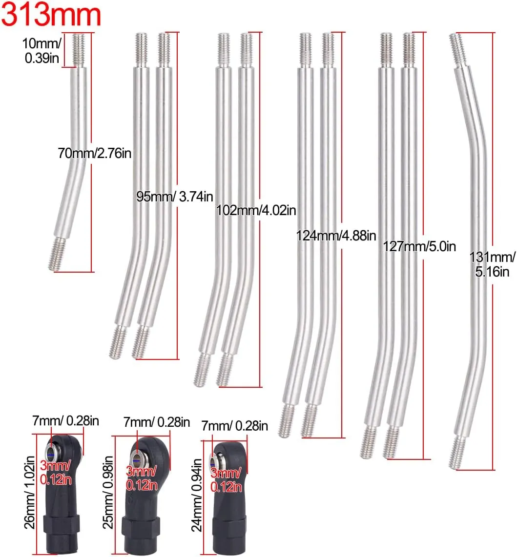 10Pcs Stainless Steel Links Rod Set with Ball End 313/324mm Wheelbase for 1/10 RC Crawler Car Axial SCX10 II 90046 Upgrade Parts (313mm)
