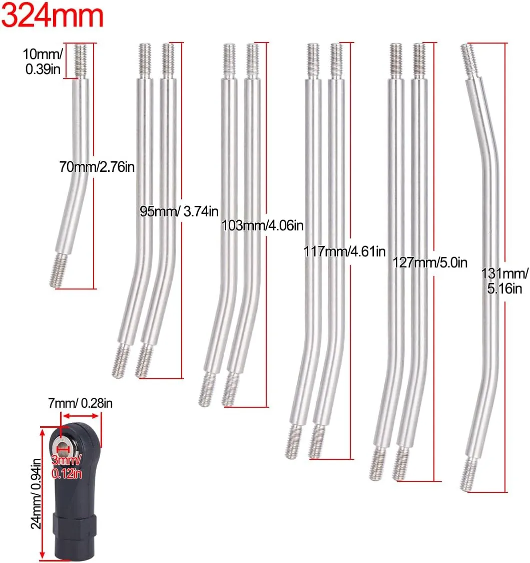10Pcs Stainless Steel Links Rod Set with Ball End 313/324mm Wheelbase for 1/10 RC Crawler Car Axial SCX10 II 90046 Upgrade Parts (324mm)