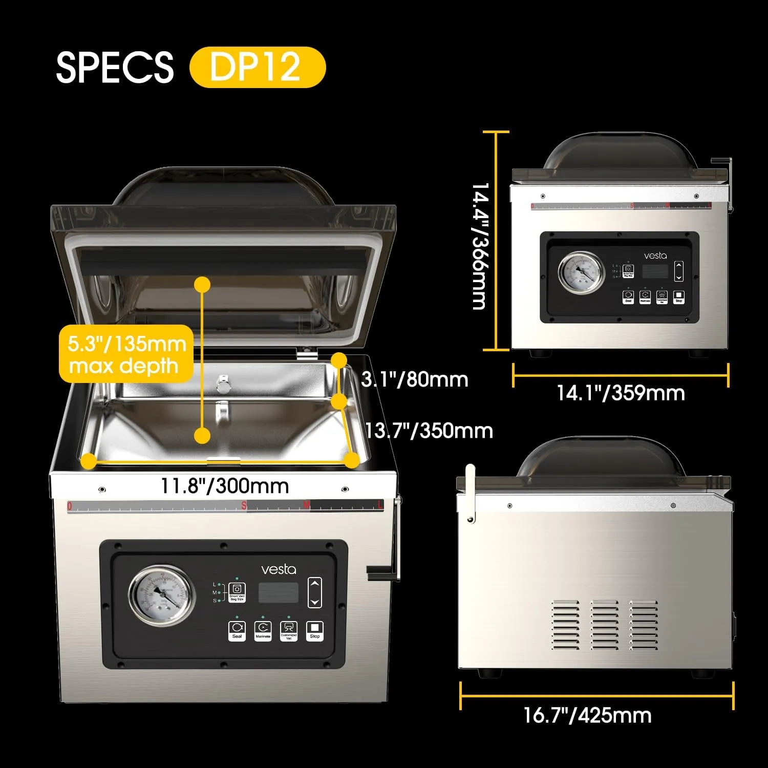 12 inch Chamber Vacuum Sealer with Dry Pump | Heavy Duty, Ideal for Wet Food, Liquids, Powders and Sous Vide, work well with bags from Vacmaster and Avid Armor, Industrial Grade, Vesta Precision DP12