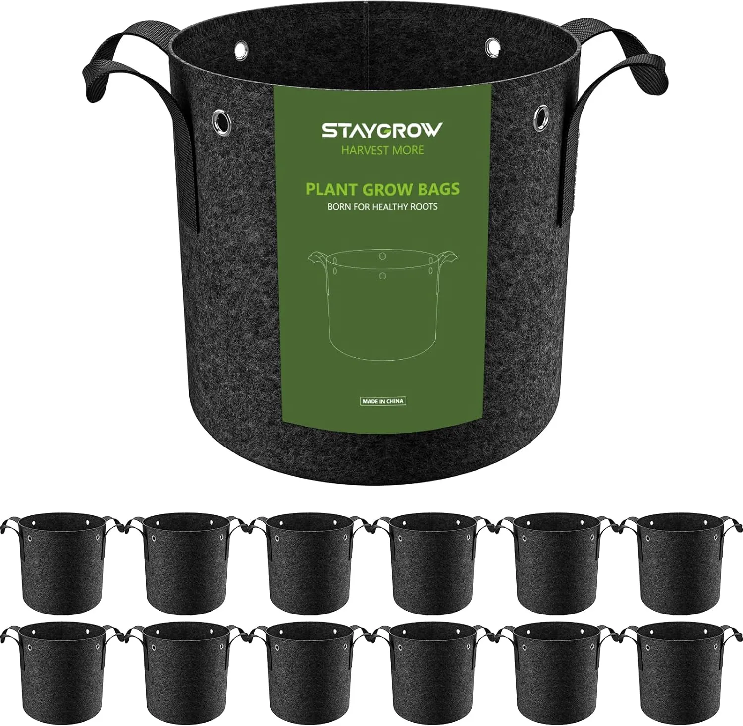12-Pack 3 Gallon Grow Bags - 300G Thickened Nonwoven Fabric Pots with Handles, Built-in Metal Rings, Reusable Garden Plant Bags, Grow Pots, Plant Pots for Fruits, Vegetables and Flowers