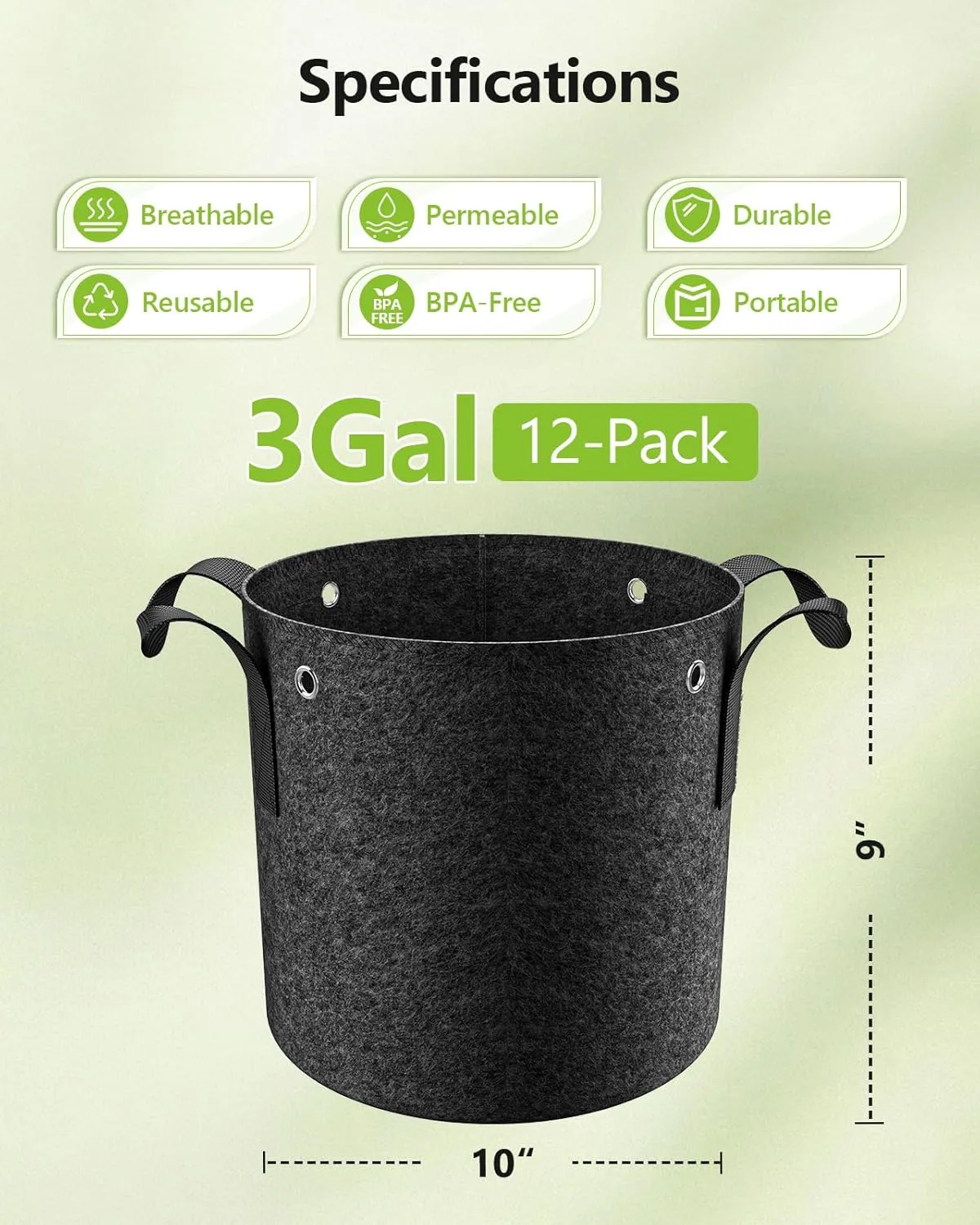 12-Pack 3 Gallon Grow Bags - 300G Thickened Nonwoven Fabric Pots with Handles, Built-in Metal Rings, Reusable Garden Plant Bags, Grow Pots, Plant Pots for Fruits, Vegetables and Flowers