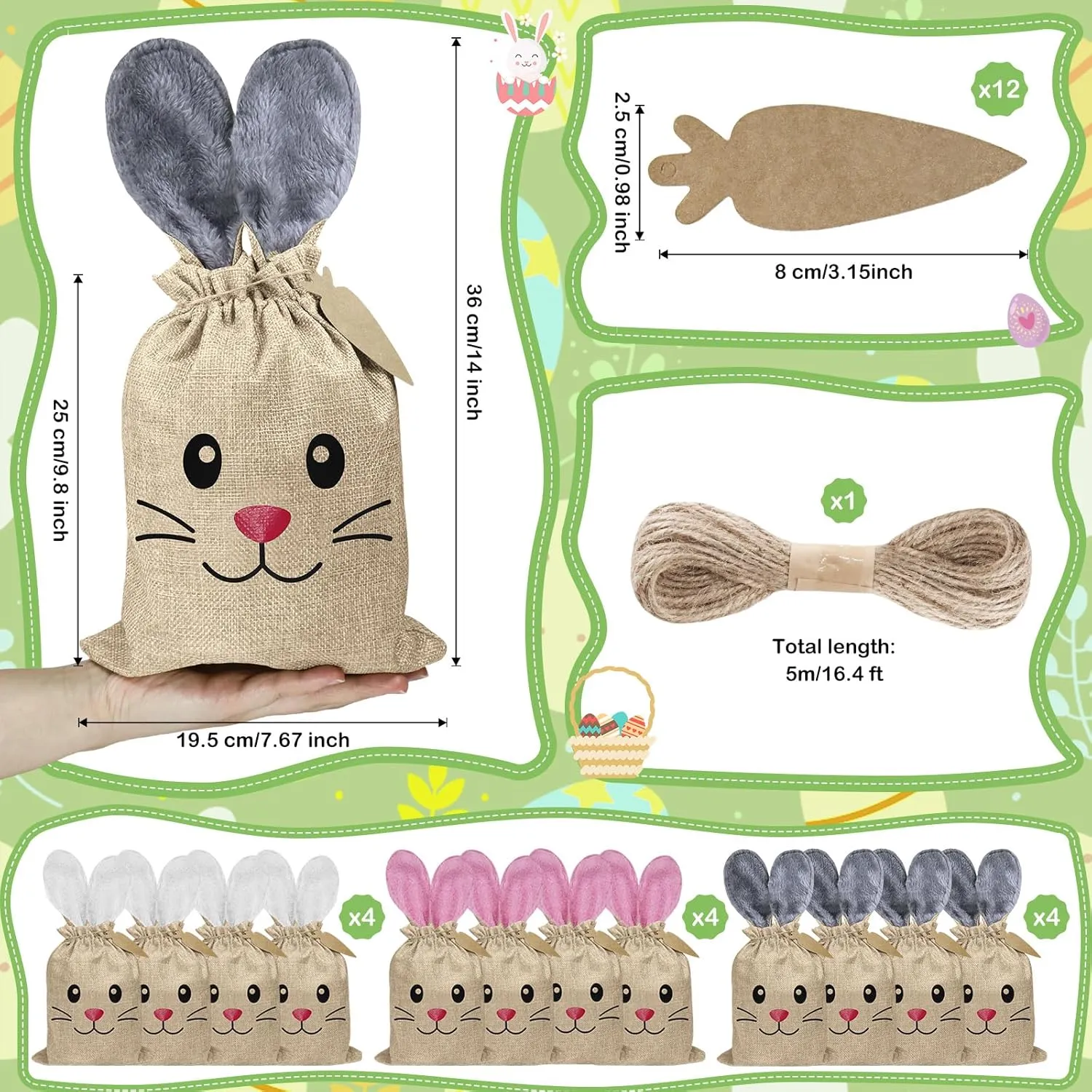 12 Pack Easter Bags Burlap Drawstring Gift Bags 8x10 Inch with Furry Rabbit Ears Carrot Card Easter Bunny Cloth for Candy Cookies Chocolate Egg Hunt Party Favors Holiday Gift Giving (Gray Pink White)