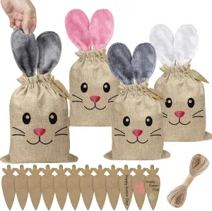 12 Pack Easter Bags Burlap Drawstring Gift Bags 8x10 Inch with Furry Rabbit Ears Carrot Card Easter Bunny Cloth for Candy Cookies Chocolate Egg Hunt Party Favors Holiday Gift Giving (Gray Pink White)