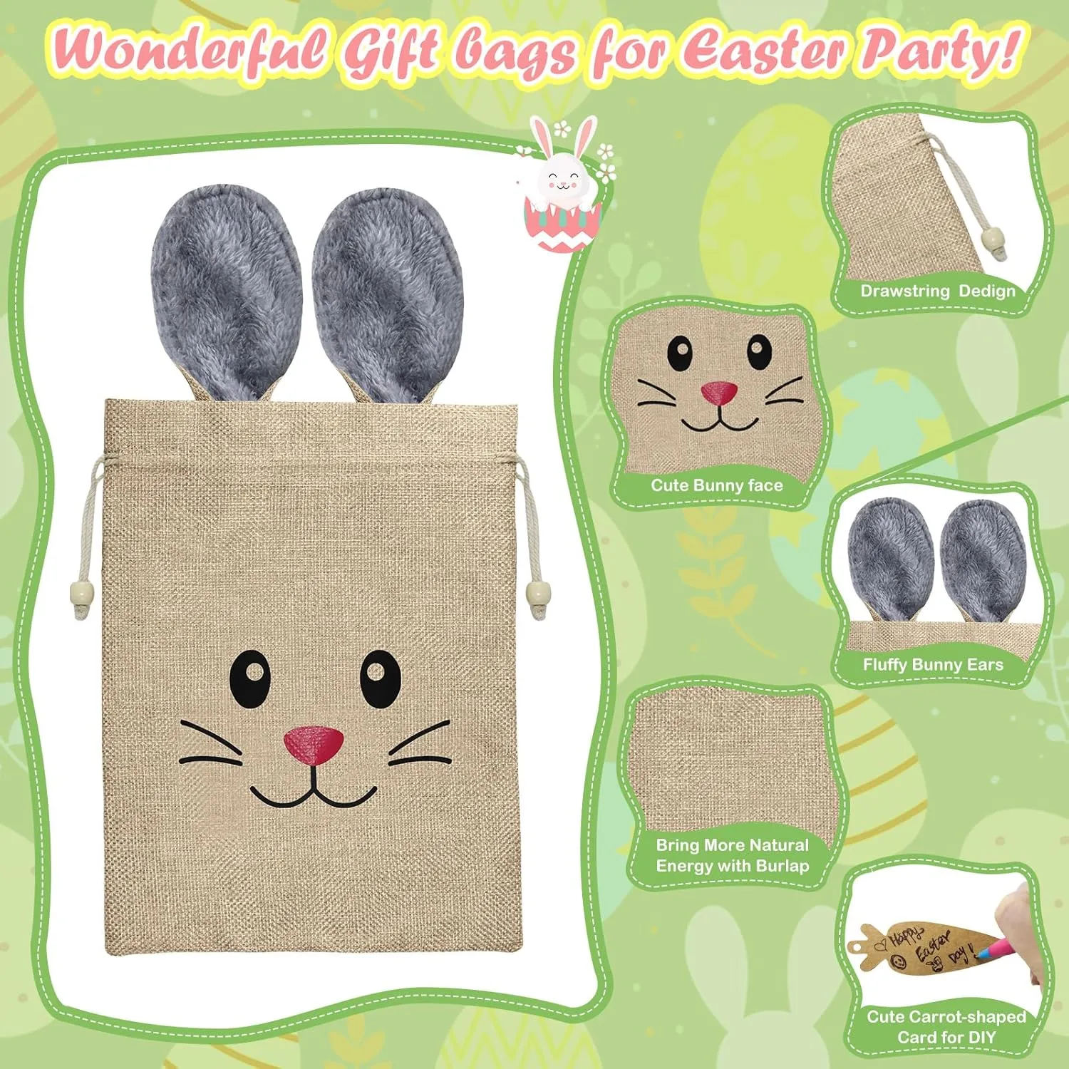 12 Pack Easter Bags Burlap Drawstring Gift Bags 8x10 Inch with Furry Rabbit Ears Carrot Card Easter Bunny Cloth for Candy Cookies Chocolate Egg Hunt Party Favors Holiday Gift Giving (Gray Pink White)
