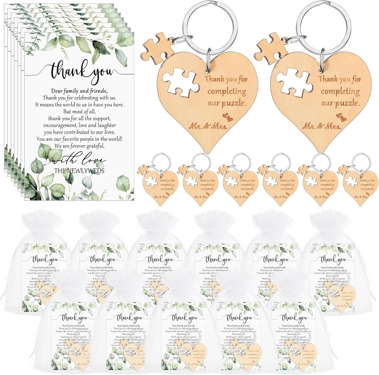 150 Sets Wedding Souvenir for Guests Includes Wood Heart Puzzle Keychain Cards and Gift Bags Rustic Wedding Favors for Guests