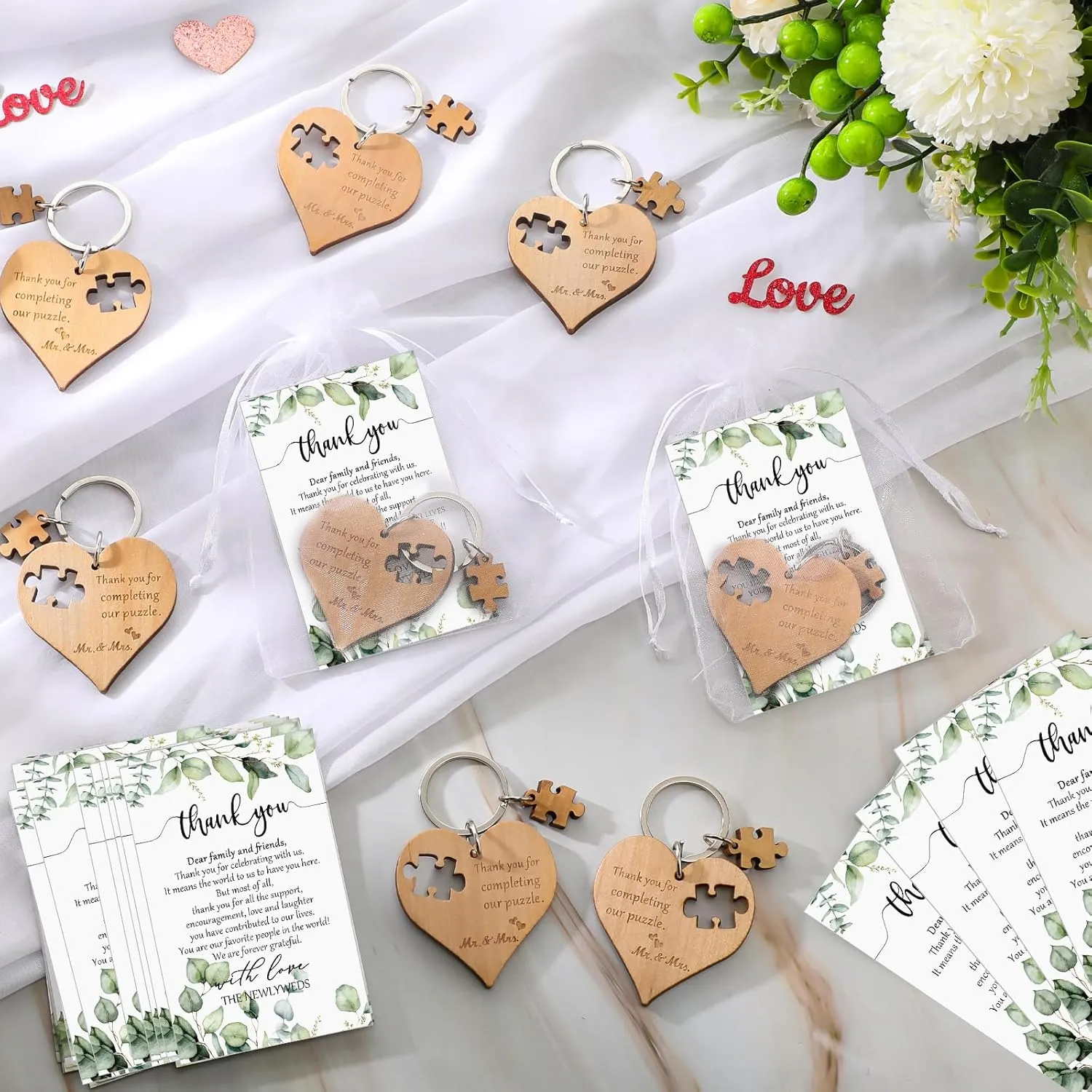150 Sets Wedding Souvenir for Guests Includes Wood Heart Puzzle Keychain Cards and Gift Bags Rustic Wedding Favors for Guests