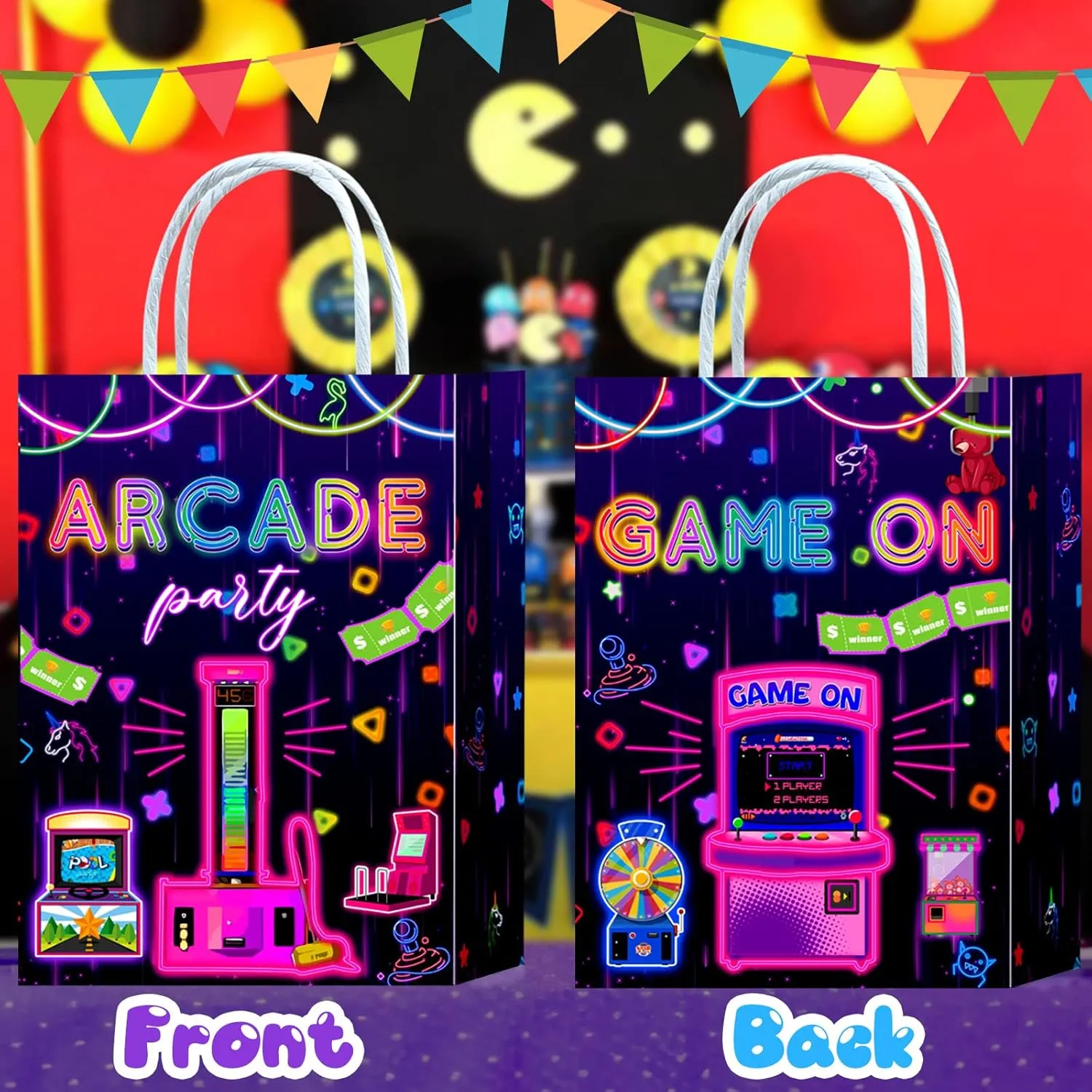 16 Pieces Game on Goodie Bags for Gamer Birthday Party Supplies,Arcade Gaming Gift Snacks Treat Candy Party Favors Bags with Handles for Kids Adults Video Game Theme Party Decorations (Arcade-Red)