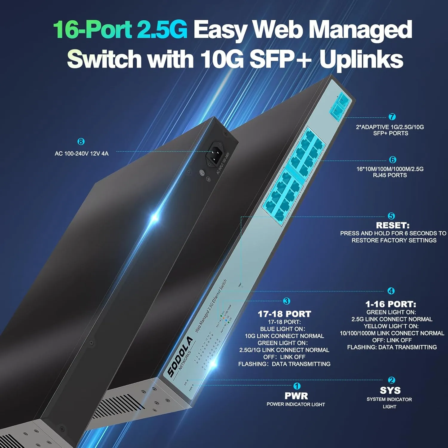 16 Port 2.5G Web Managed Switch,16 x 2.5G Base-T Ports, 2 x 10G SFP , Link Aggregation/QoS/VLAN/IGMP,1U Mounted 2.5Gb Network Switch
