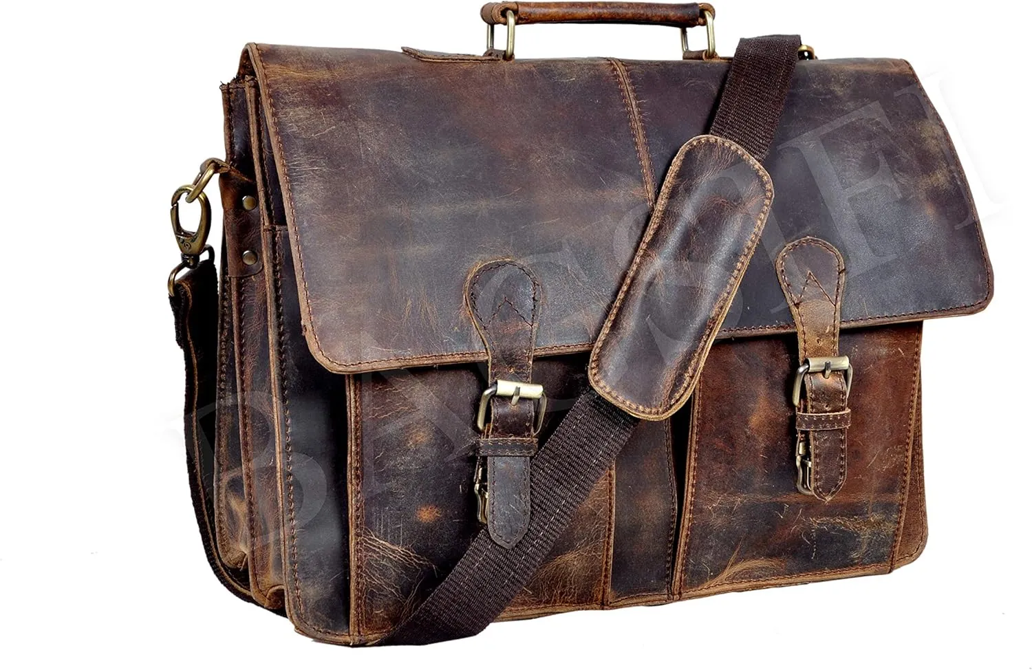 16" Inch Retro Buffalo Hunter Leather Laptop Messenger Briefcase Satchel Office Bag Gift Men & Women Unbreakable Shoulder Strap And Buckles (Distressed Tan)