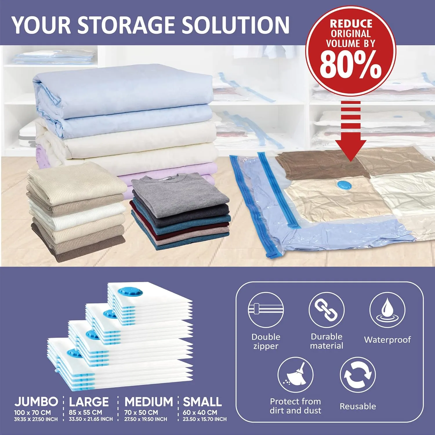 18 Pack Vacuum Storage Bags with Hand Pump, 80% Space Saver Vacuum Seal Storage Bags for Clothing, Travel Lugggage, Blankets, Comforters