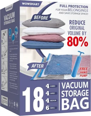 18 Pack Vacuum Storage Bags with Hand Pump, 80% Space Saver Vacuum Seal Storage Bags for Clothing, Travel Lugggage, Blankets, Comforters