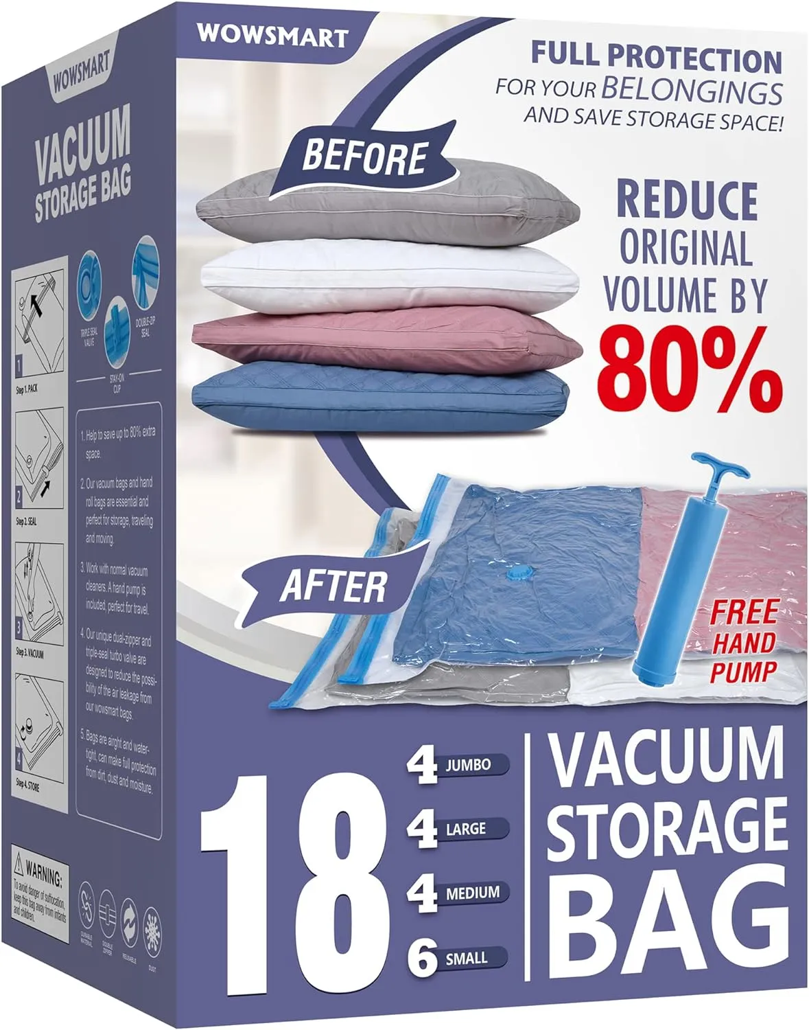 18 Pack Vacuum Storage Bags with Hand Pump, 80% Space Saver Vacuum Seal Storage Bags for Clothing, Travel Lugggage, Blankets, Comforters