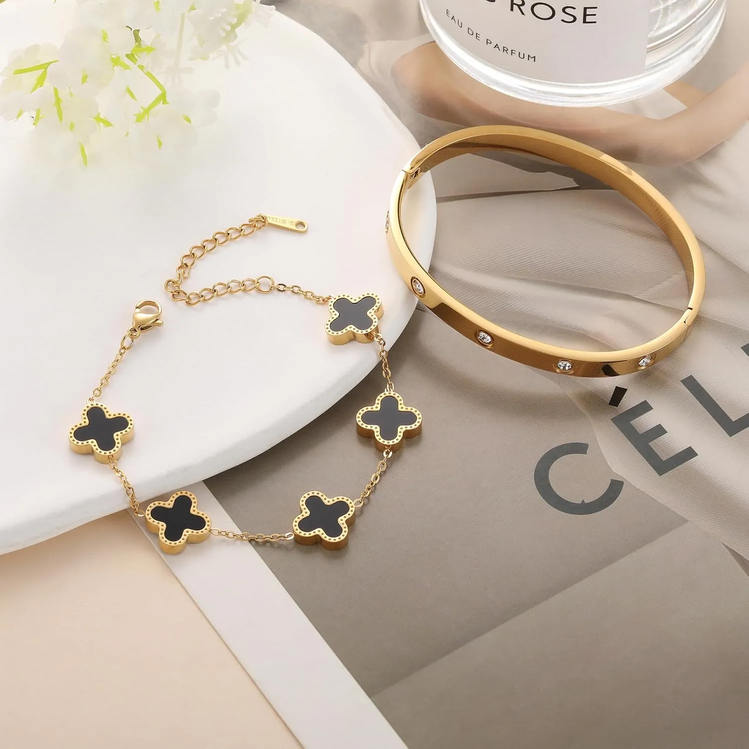 18K Gold Plated Clover Bracelet Love bangle Set for Women Stack Cute Fashion Simple Friendship Bracelet Lucky Link Bracelets Jewelry Gifts Trendy for Women