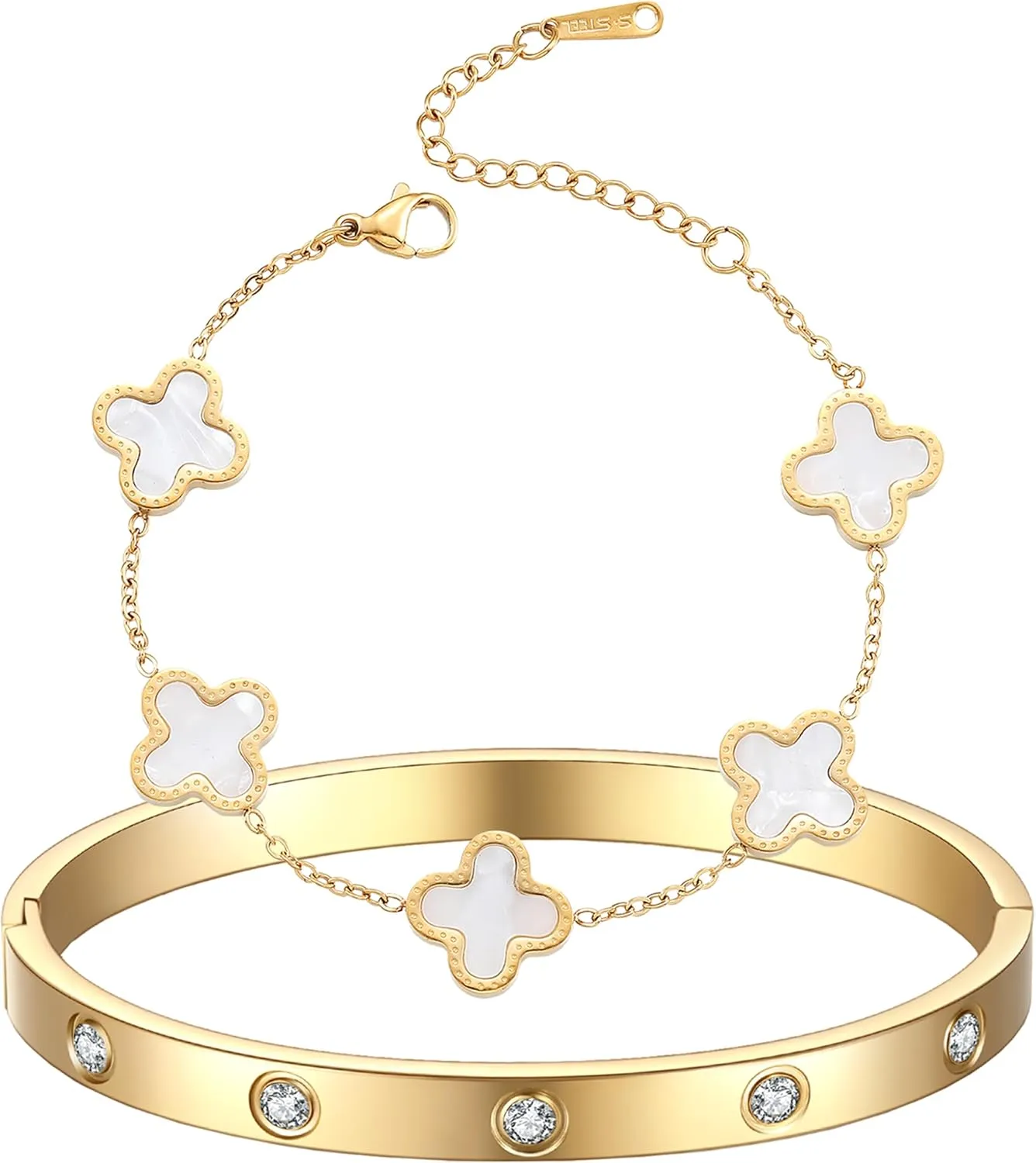 18K Gold Plated Clover Bracelet Love bangle Set for Women Stack Cute Fashion Simple Friendship Bracelet Lucky Link Bracelets Jewelry Gifts Trendy for Women