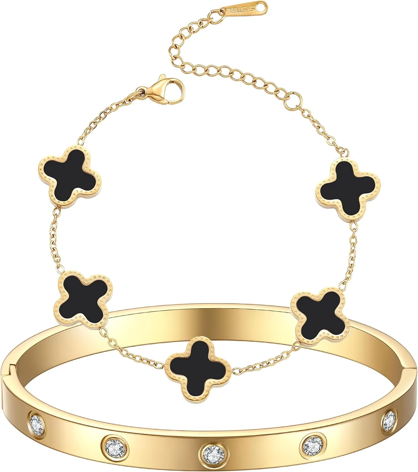 18K Gold Plated Clover Bracelet Love bangle Set for Women Stack Cute Fashion Simple Friendship Bracelet Lucky Link Bracelets Jewelry Gifts Trendy for Women