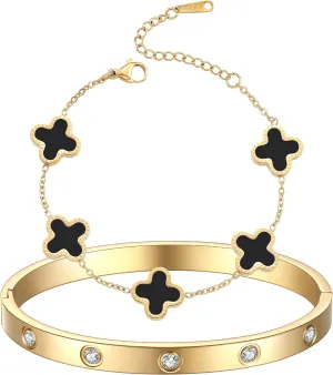 18K Gold Plated Clover Bracelet Love bangle Set for Women Stack Cute Fashion Simple Friendship Bracelet Lucky Link Bracelets Jewelry Gifts Trendy for Women