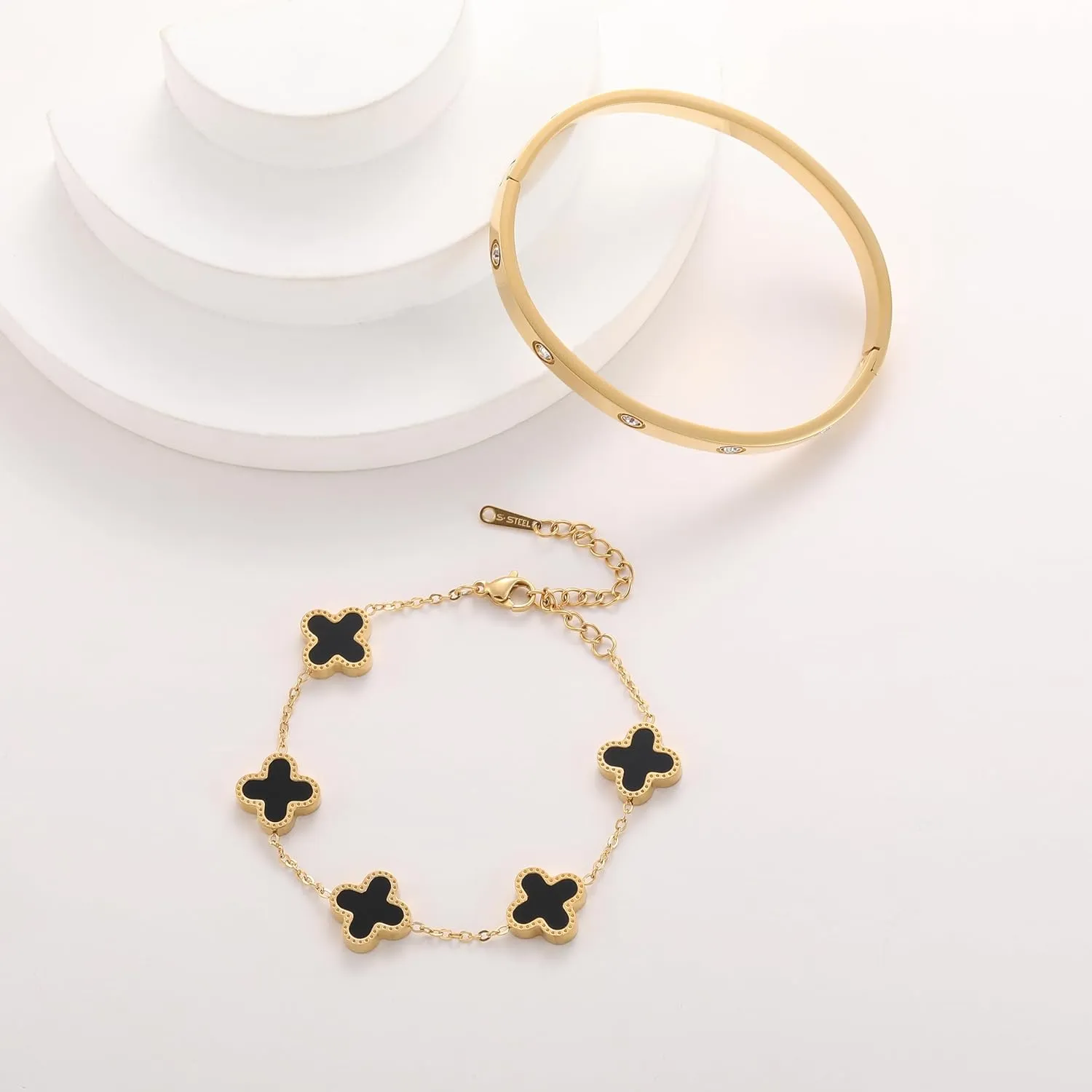 18K Gold Plated Clover Bracelet Love bangle Set for Women Stack Cute Fashion Simple Friendship Bracelet Lucky Link Bracelets Jewelry Gifts Trendy for Women