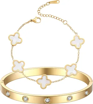 18K Gold Plated Clover Bracelet Love bangle Set for Women Stack Cute Fashion Simple Friendship Bracelet Lucky Link Bracelets Jewelry Gifts Trendy for Women