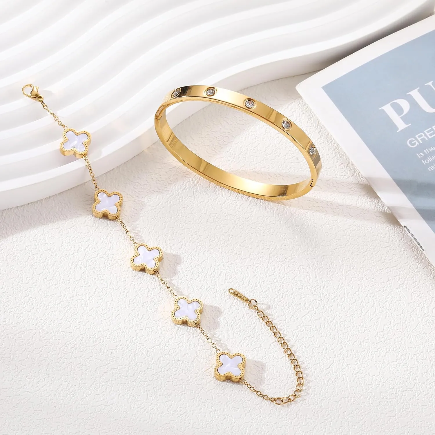 18K Gold Plated Clover Bracelet Love bangle Set for Women Stack Cute Fashion Simple Friendship Bracelet Lucky Link Bracelets Jewelry Gifts Trendy for Women