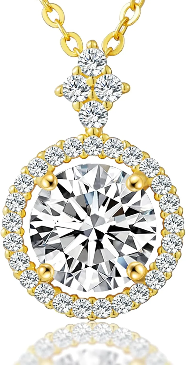 18K Gold Vermeil Moissanite Necklace for Women, Solid Sterling Silver Adjustable Chain - Halo Style