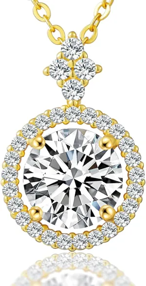 18K Gold Vermeil Moissanite Necklace for Women, Solid Sterling Silver Adjustable Chain - Halo Style