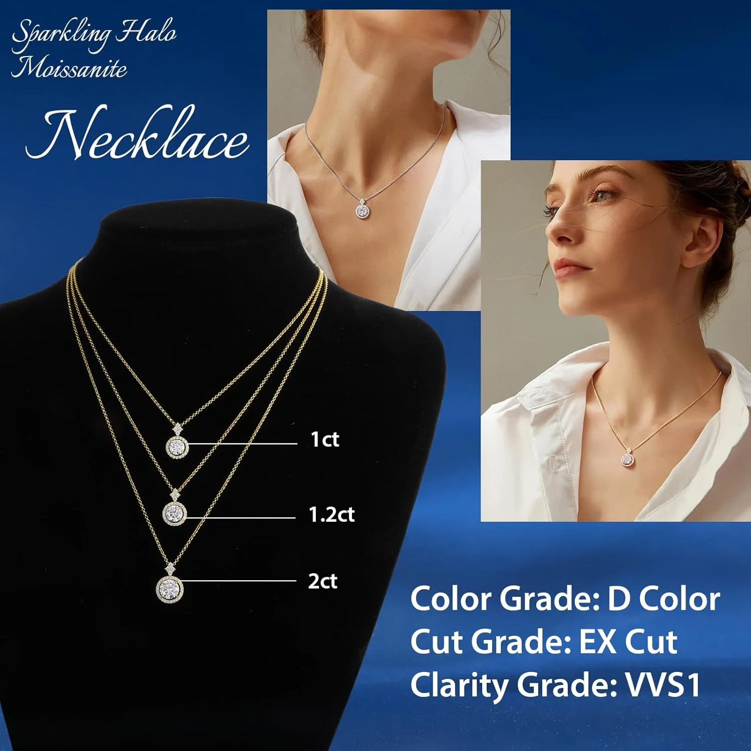 18K Gold Vermeil Moissanite Necklace for Women, Solid Sterling Silver Adjustable Chain - Halo Style