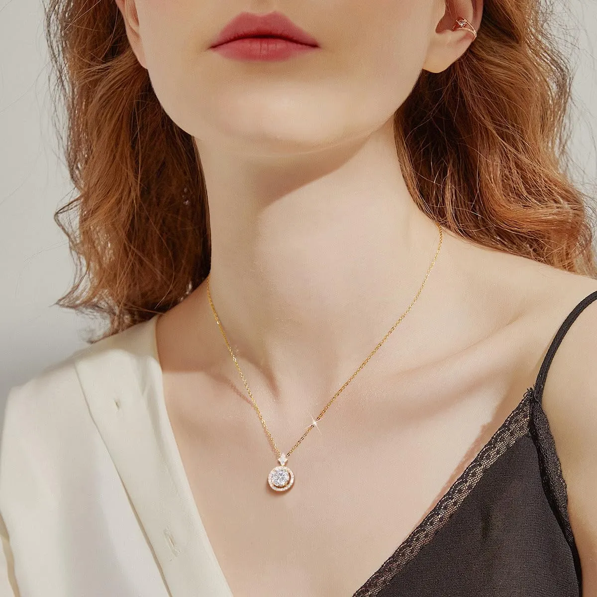 18K Gold Vermeil Moissanite Necklace for Women, Solid Sterling Silver Adjustable Chain - Halo Style