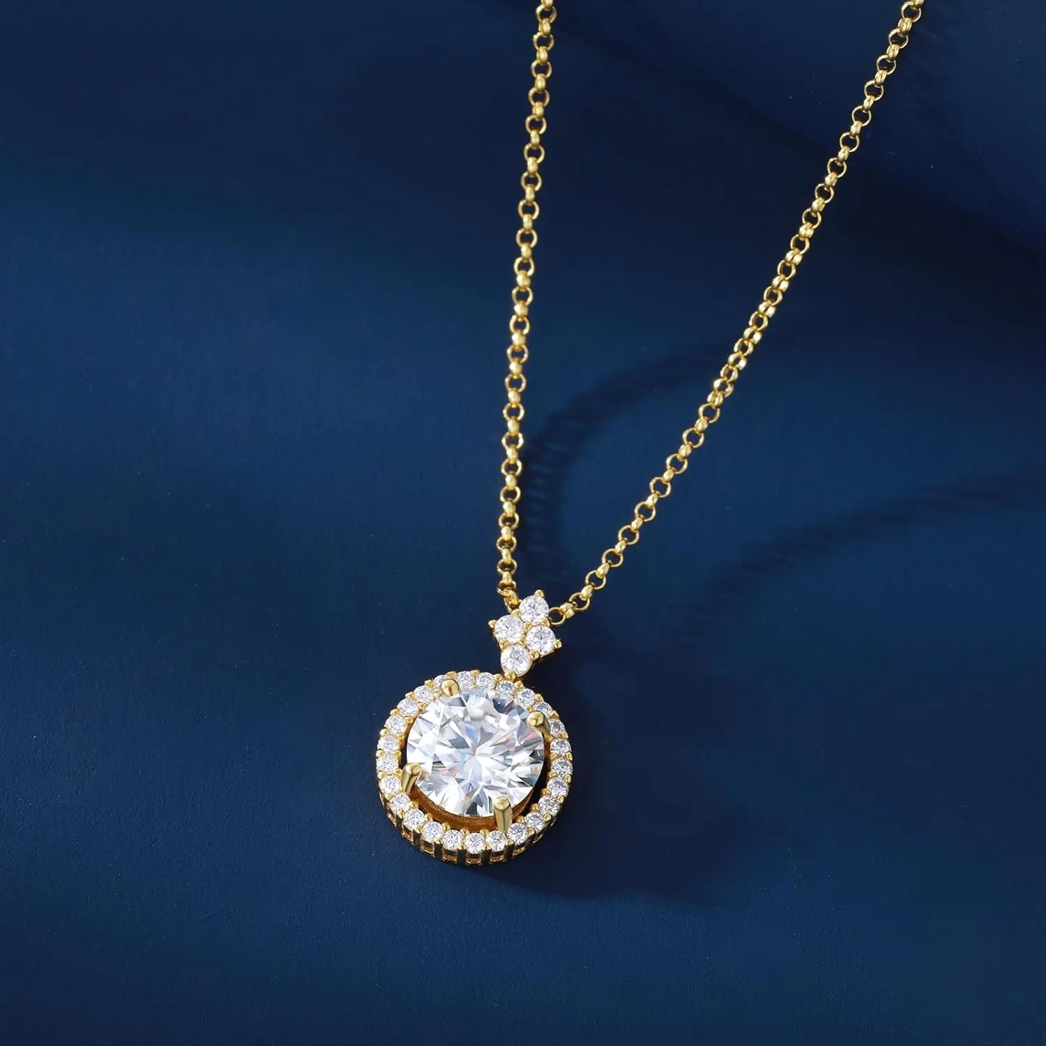 18K Gold Vermeil Moissanite Necklace for Women, Solid Sterling Silver Adjustable Chain - Halo Style