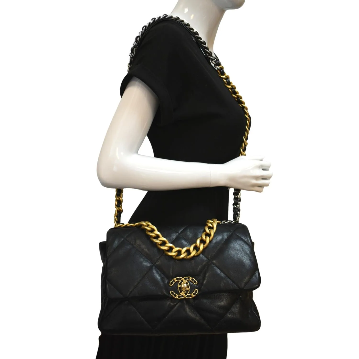 19 Bag Lambskin Connected Shoulder Leather - CHANEL Risk-free Black Large Flap Quilted Deals Hot