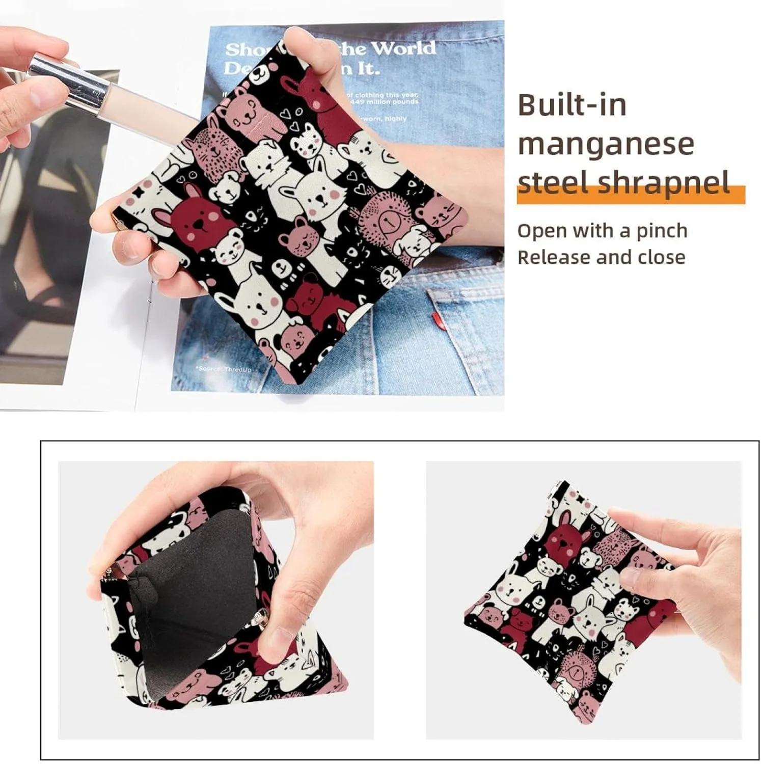 2 PCS Faux Leather Makeup Bag for Purse, Small Pouches for Purse, Mini Pocket Pouch, Mini Travel Storage for Cosmetics, Sheep Cat Dog Cartoon Animal