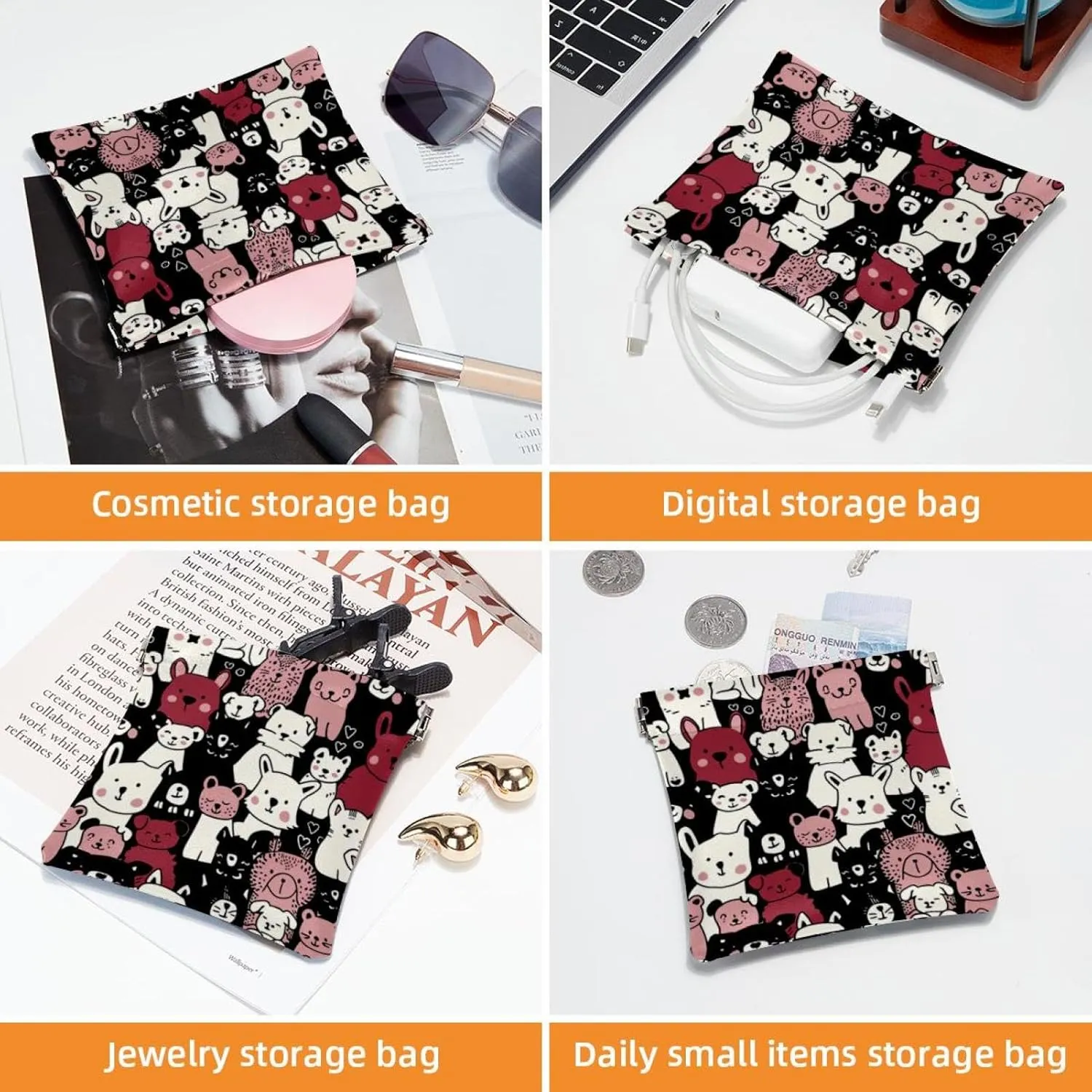 2 PCS Faux Leather Makeup Bag for Purse, Small Pouches for Purse, Mini Pocket Pouch, Mini Travel Storage for Cosmetics, Sheep Cat Dog Cartoon Animal