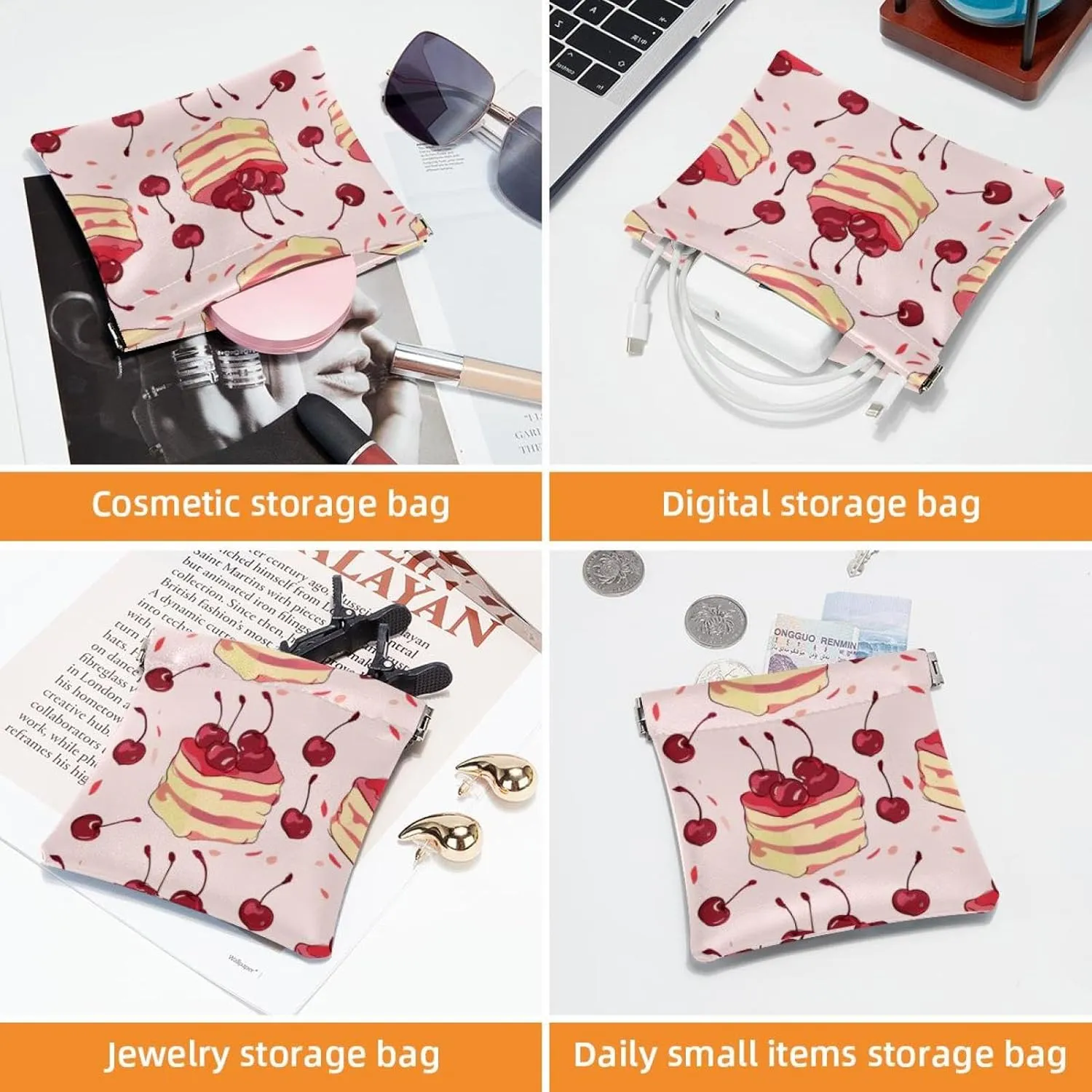 2 Piece Faux Leather Pocket Box, Small Makeup Bag for Purse, Mini Pocket Pouch, Mini Travel Storage for Cosmetics, Cute Cartoon Cherry Cake