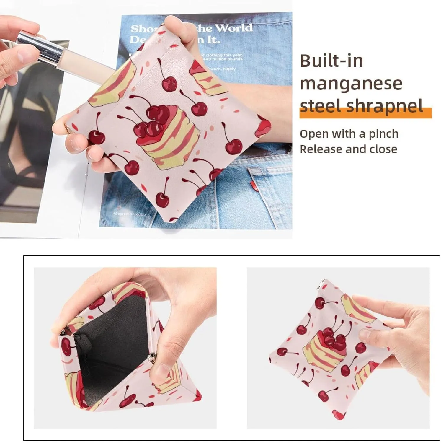 2 Piece Faux Leather Pocket Box, Small Makeup Bag for Purse, Mini Pocket Pouch, Mini Travel Storage for Cosmetics, Cute Cartoon Cherry Cake