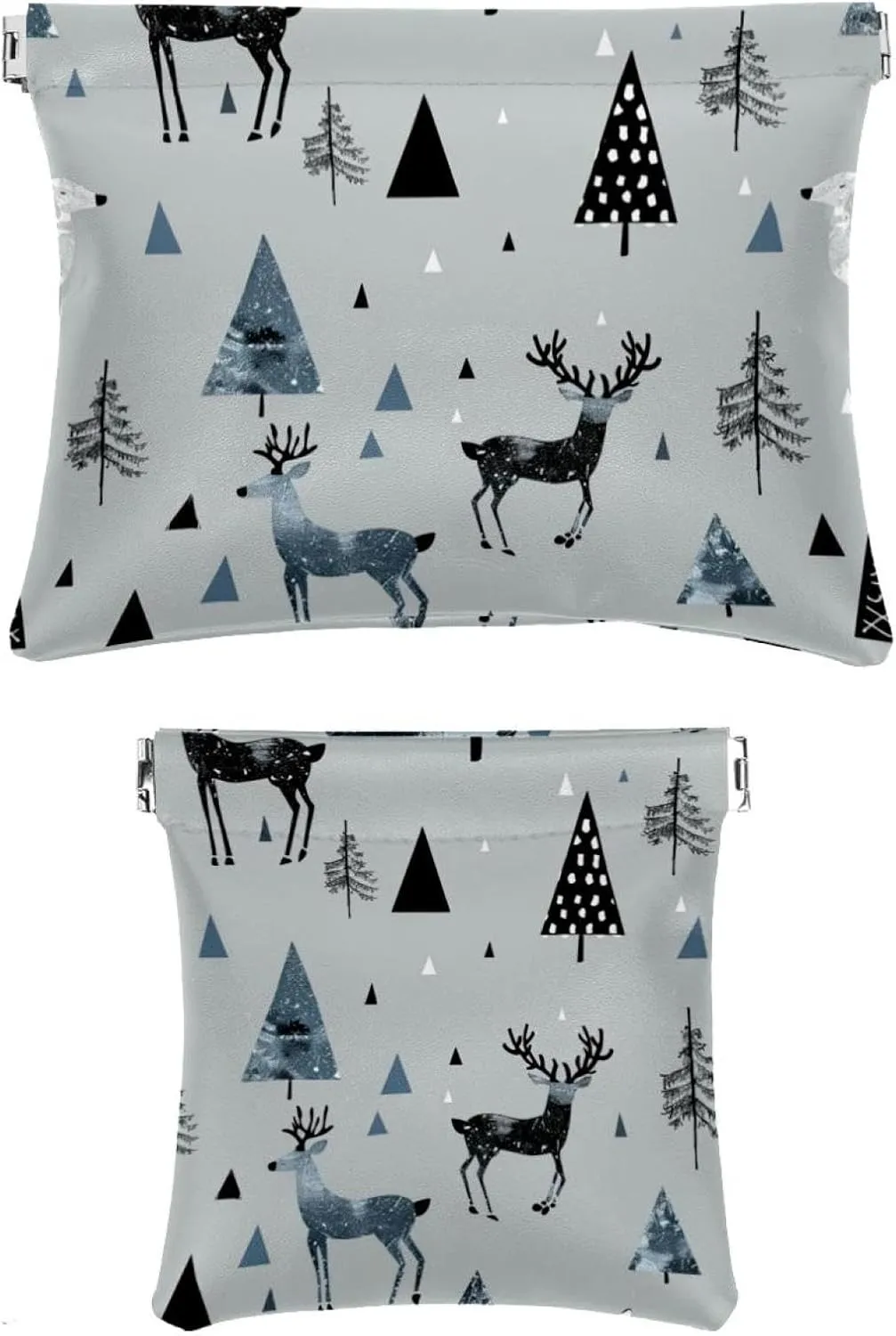 2 Piece Faux Leather Pocket Box, Small Travel Kit Storage Pouch, Portable Travel Makeup Bag for Women, Portable Squeeze Top Cosmetic Bag, Modern Abstract Forest Elk Tree Animal