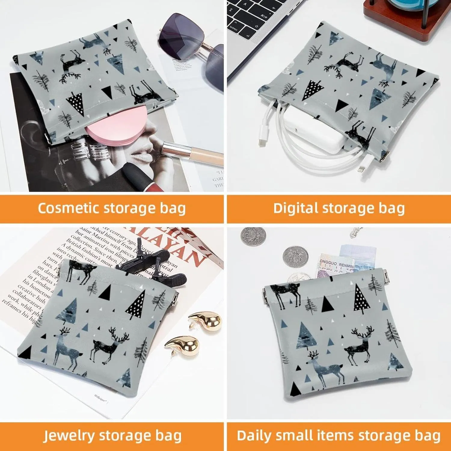 2 Piece Faux Leather Pocket Box, Small Travel Kit Storage Pouch, Portable Travel Makeup Bag for Women, Portable Squeeze Top Cosmetic Bag, Modern Abstract Forest Elk Tree Animal
