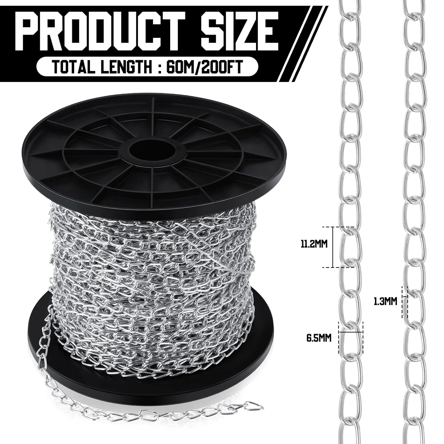 200 ft Galvanized Steel Hanging Jack Chain Metal Silver Link Chain Roll Spool for Light Fixture, Bird Feeders, Overhead Lights, Artworks, Flowerpots (1.3mm)
