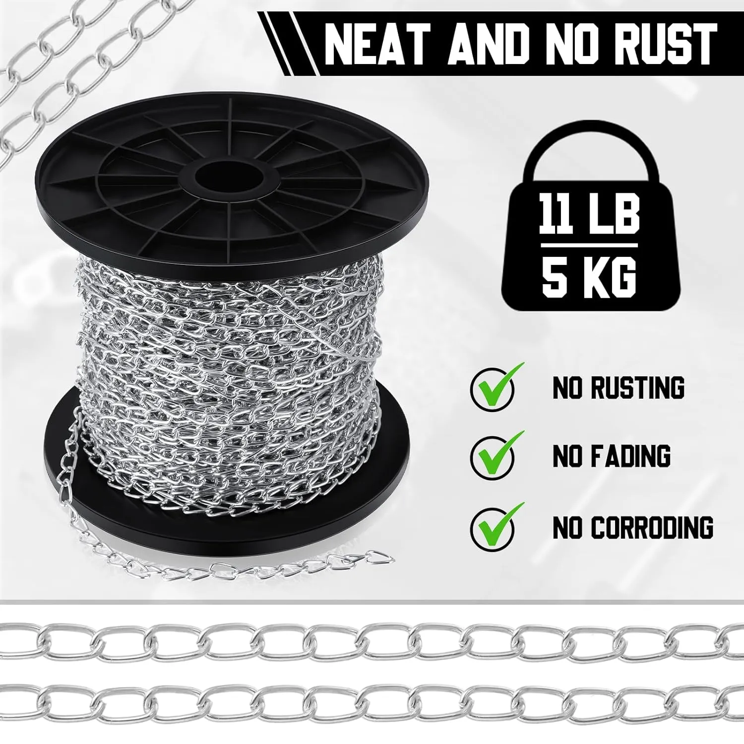 200 ft Galvanized Steel Hanging Jack Chain Metal Silver Link Chain Roll Spool for Light Fixture, Bird Feeders, Overhead Lights, Artworks, Flowerpots (1.3mm)