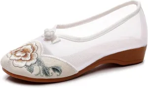 2024 Summer Women's Chinese Traditional Style Mesh Breathable Flower Embroidery Shoes Shallow Mouth Casual Shoes Mary Jane Flats Shoes for Stage Show Prom(Color:White,Size:5.5)