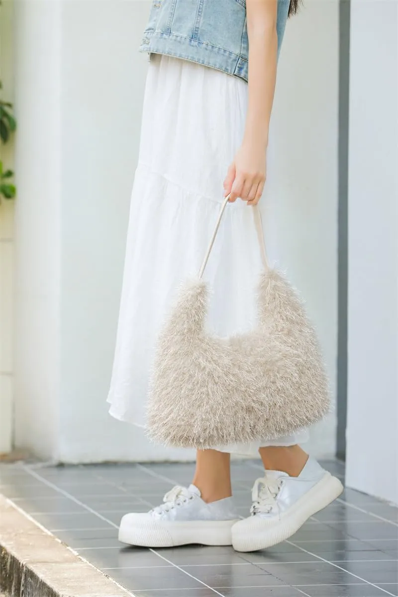 2024 Winter Women Bag Cute Tote Bags Y2k Purse Women's Shoulder Handbags Faux Fur Tote Bag Fluffy Satchel Handbags